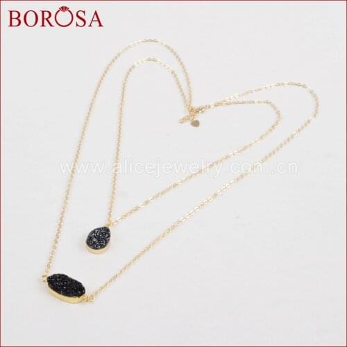 BOROSA Oval & Teardrop Gold Color Natural Stone Titanium Rainbow Druzy Necklace 16'' Fashion Handmade Necklace for Women G1287