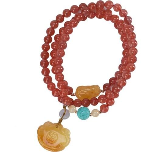 S925 sterling silver gold plated Southern red agate Turquoise Amber Beeswax Hetian jade Retro Ruyi Fu character Bracelet