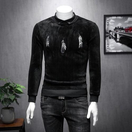 Camisas Sociais De Veludo Tops Streetwear Feather Embroidery Velvet Men Turn-down Collar Long Sleeve 3d T Shirt