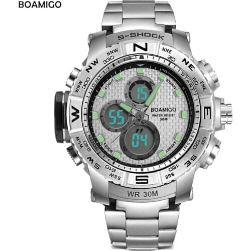 S-Shock Men Sports Watches BOAMIGO Brand Analog Digital LED Electronic Quartz Watch Steel Band 30M Waterproof Relogio Masculino