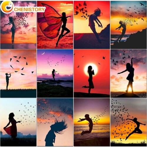 CHENISTORY Oil Painting By Number Girl Butterfly Paint By Numbers Sunset On Canvas Home Decoration DIY Frame Digital Paintings