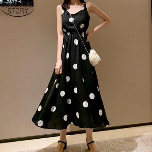 Summer French High Waist Midi Long Dresses Sexy Backless Sleeveless Camisole Dress Vintage Polka Dot Print Dress Robe 14953