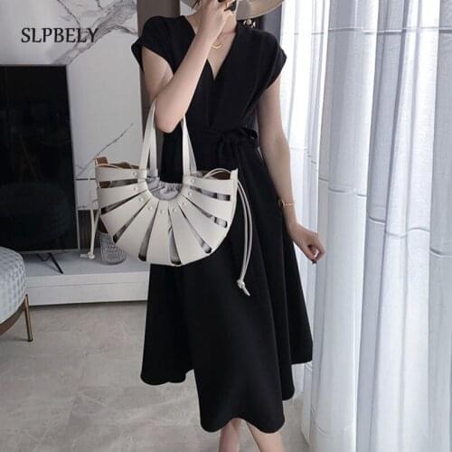 SLPBELY Elegant Hepburn Style Dress Summer Retro Solid Casual Lace Up Bow Dress Vintage Midi A Line Dresses With Belt Vestido