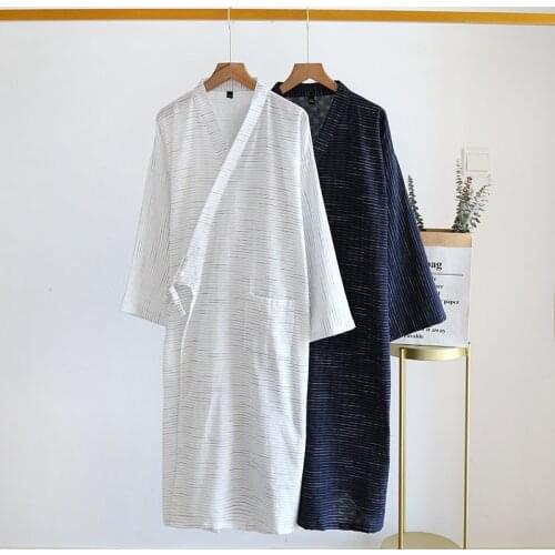 New Style Bathrobe Mens Long Cotton Cloth Spring and Summer Robe Large Size Mens Striped Bathrobe Home Service Sweat Steaming