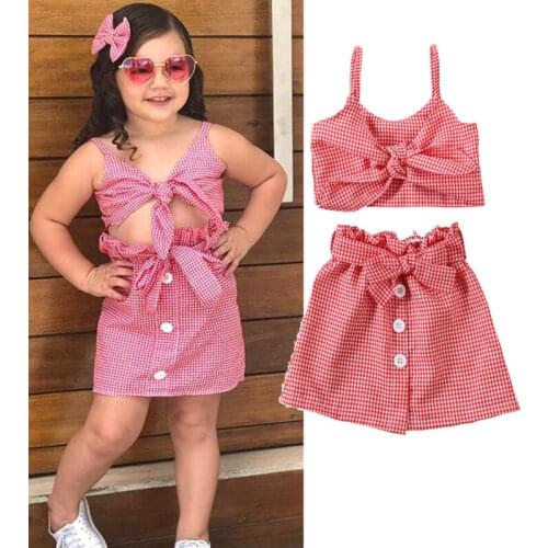 2 PCS Summer Toddler Kids Baby Girl Clothes Plaid Outfit Knotted Vest Tank Tops Mini Ruffle Skirt Set