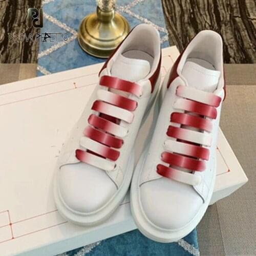 2021 Early Autumn New Gradient Color Laces Real Leather White Shoes Women Thick-soled Sequin Couple Sneakers Chunky Men Size
