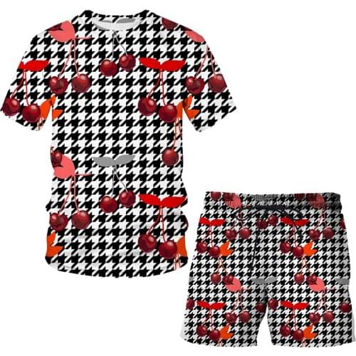 New summer mens 3D casual wear Cherry printing sportswear round neck loose mens fitness running short-sleeved shorts suit Tops
