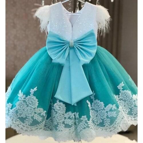 Girls Communication Birthday Party Gowns Girls Beading Belt Feathers Lace Appliques Bow For Cute Baby Custom