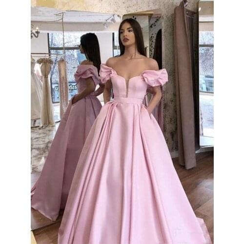 Blush Pink Satin A Line Long Prom Dresses 2020 Off The Shoulder Ruched High Split Floor Length Evening Party Wear Gowns Dress