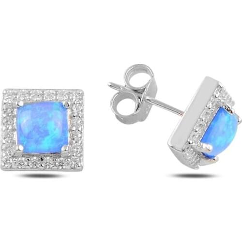 Silver 925 Sterling Square Opal & Zircon Crystal Earrings
