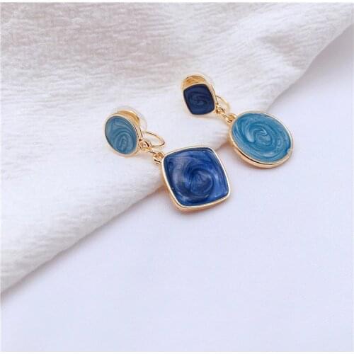 Earless silicone earclip earrings Korea temperament smog blue asymmetric geometry retro earrings women