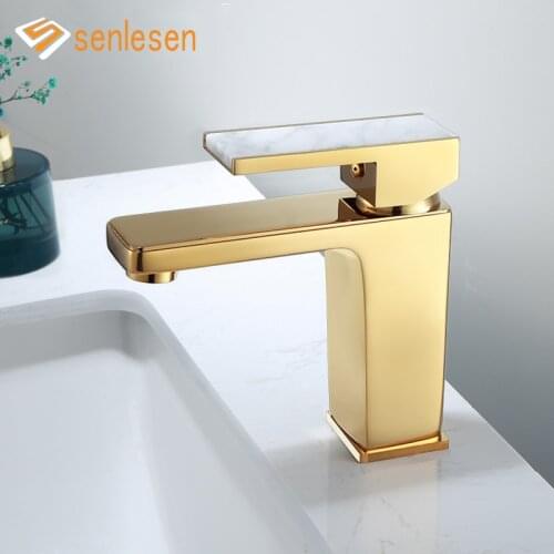 Senlesen Basin Faucet Golden Bathroom Mixer Tap Deck Mounted Basin Sink Faucet Hot and Cold Water