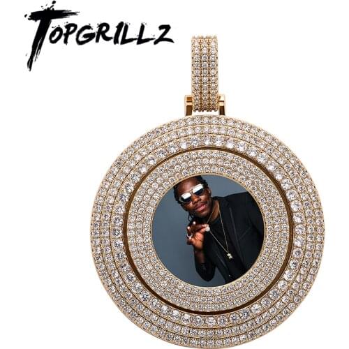 TOPGRILLZ Big Size Custom Photo Rotating Pendant Necklace Full Iced Out Cubic Zirconia Hip Hop Personality Jewelry For Women Men