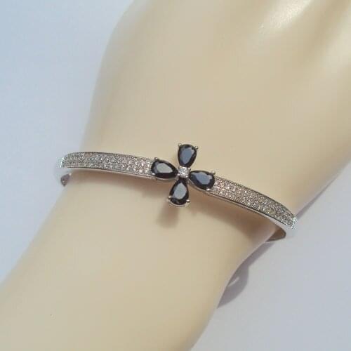 Heavy Bangle XP Elegance Senior design 9 K Fine Solid White G/F Gold 10KT CZ black Flower Macrame Bracelet 60MM