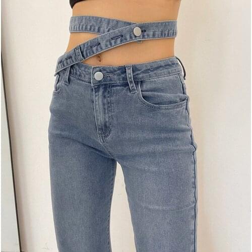 High Waist Cross Band Flared Jeans Women Ladies Trendy Solid Color Slim Fit Split Hem Pants Wild Casual Chic Daily Trousers