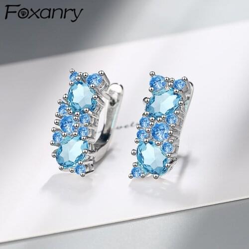 FOXANRY Prevent Allergy 925 Sterling Silver Stud Earrings for Women Summer Trendy Creative Sparkling Blue Zircon Bride Jewelry