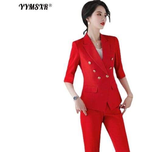 Spring and Autumn Fashion Womens Professional Pants Suit Two-piece Set 2021 New Double-breasted Ladies Jacket Elegant Overalls