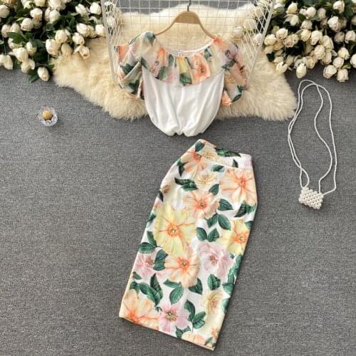 2021 Summer Elegant Women Ruffles Short Sleeve Retro Floral Patchwork Tops + Slim Skirt Two Piece Set Female Suits Outfit