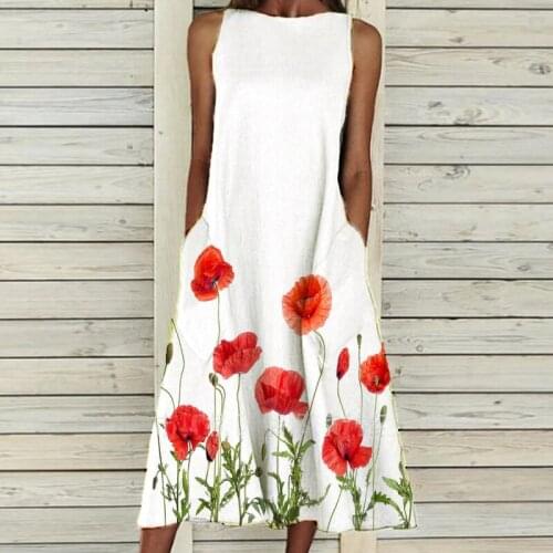 Summer New Floral Printed Pocket Dress Scenic Elegant Dress Womens Dress Round Neck Sleeveless Wrap Sundress Robe Dresses