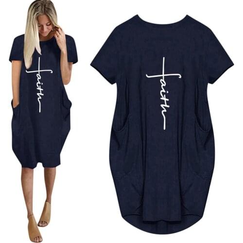 Summer 2021 New Arrival Faith Letters Print Women Dress For Woman Pocket O-neck Short Sleeve Green Female Plus Size Cute Dresses