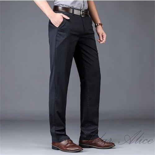 Free shipping 2020 mens spring and summer new high waist straight casual pants stretch business thin simple middle-aged trouser