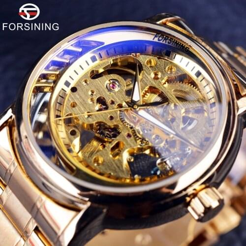 Forsining 2016 3D New Series Hollow Full Golden Skeleton Mens Watches Top Brand Luxury Automatic Mechanical Skeleton Watch Clock