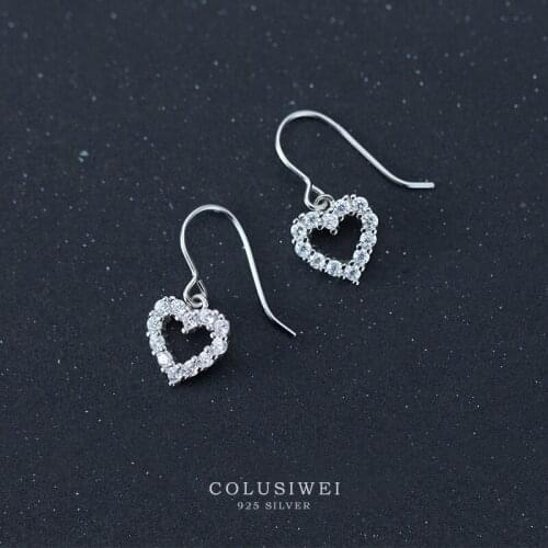 Colusiwei Genuine 100% 925 Sterling Silver Romantic Heart Dazzle Clear CZ Dangle Earrings for Women Fashion Silver Jewelry