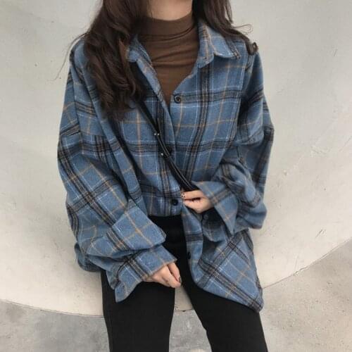 Cheap Wholesale Casual Long Sleeve Shirt Women Plaid Oversize Korean Wool Winter Autumn Vintage Top Women Female Clothes 2020