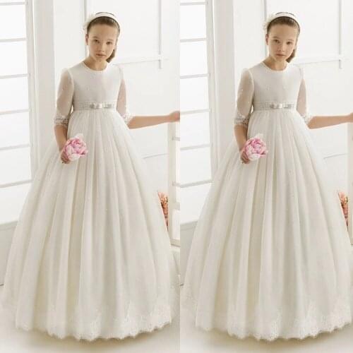 Kids Flower Girl Dresses for Weddings Elegant First Communion Dresses for Girls Tulle Ball Gown 3/4 Sleeve Girls Pageant Gown