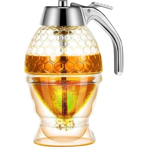 Honey Dispenser,No Drip Syrup Sugar Container with Stand,Beautiful Honey Comb Shaped Honey Pot,Syrup Sugar Container