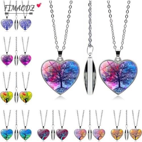 FIMAODZ Family Tree of Life Love Shape Double-sided Stainless Steel Glass Pendant Necklaces Women Necklaces Reiki FashionJewelry