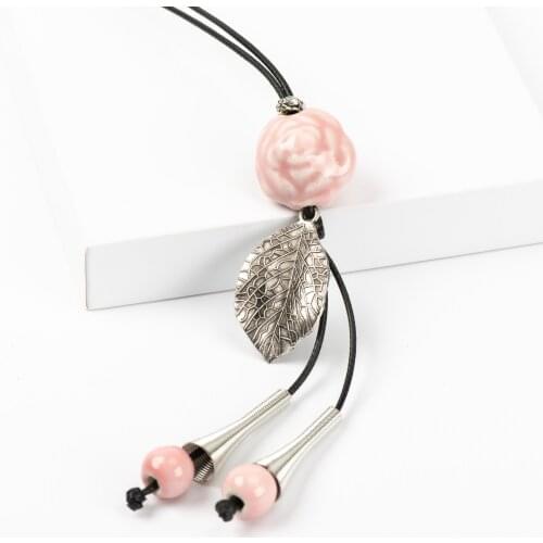 Ceramic Rose Flower pendant Necklaces Ceramic Jewelry Long Rope Handmade DIY fashion Necklace for women #EY119