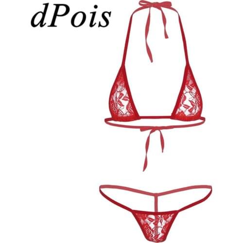 Womens Mini Micro Bikini Swimsuit Lingerie Set Swimwear Sex Female Lace See Through Beachwear Bra Top G-String Briefs Underwear