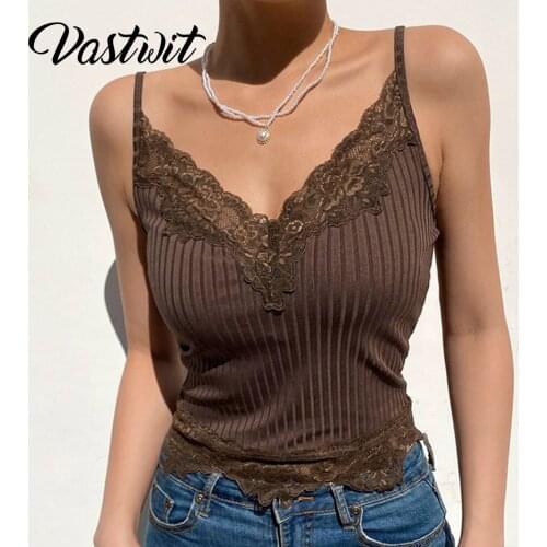 Brown Lace Trim Ribbed Tops Women Summer Sexy V Neck Cami Vest Vintage 90s Y2K Crop Top Gobincore Fairy Grunge Aesthetic Clothes