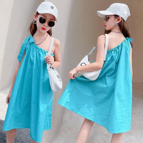 Young Girls Dress Clothes French One Off Shoulder Fashion Children Costume Blue Color Cotton Summer Casual Dresses 5-14Years Old
