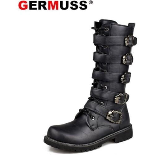 Plus Size Black Metal Buckle Punk Mid-calf Male Motorcycle Boots Lace Up Mens Shoes Rock Breathable Wearable with high quality