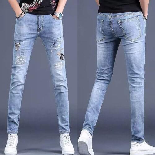 Mens slimming embroidery blue jeans stretch denim pants scratched casual printed jeans pants men