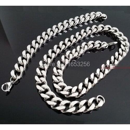 1 Set of High Quality Cuban Curb Chain Link Necklace & Bracelet Stainless Steel Mens Jewelry Set