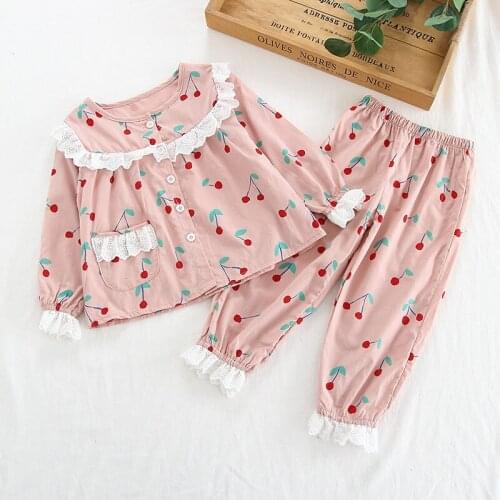 Girls Pajamas Sets Cute Cherry Pineapple Print Sleepwear Long Sleeve Tops Pant Pajama Set Girl Lace Nightgown Kids Pyjama Outfit