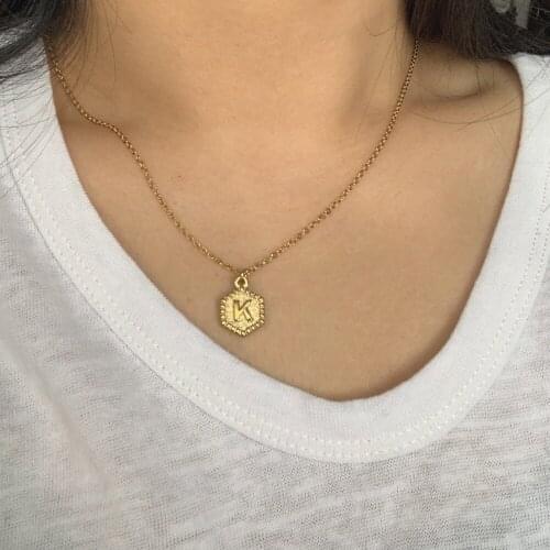 Simple Vintage Geometric Tag ABC Letter Charm Necklace Trendy Gold Color Stainless Steel Chain Choker Pendant Necklace