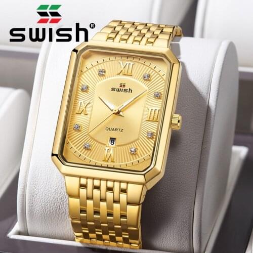 SWISH Luxury Gold Men Watches 2021 New Design Fashion Long Square Mens Dress Quartz Wristwatch For Gift Relogio Feminino