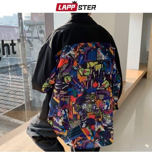 LAPPSTER Men Korean Streetwear Hip Hop Graphic Shirts 2021 Spring Mens Long Sleeve Print Harajuku Shirt Male Loose Casual Blouse