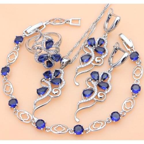 Silver 925 Bridal Jewelry Set Blue Sapphire White Crystal Costume for Women Stones Leaves Twig Earrings Ring Necklace Set