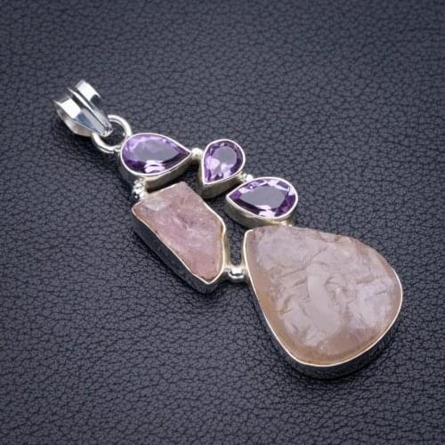 StarGems Natural Rose Quartz Rough And Amethyst Handmade 925 Sterling Silver Pendant 2.25" D5465