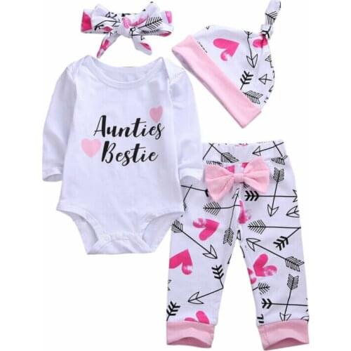 Aunties Bestie Newborn Infant Baby Girl Outfits Letter Romper Bodysuit +prints Pants Hat Headband Outfits Clothes Set 4PCS 0-18M