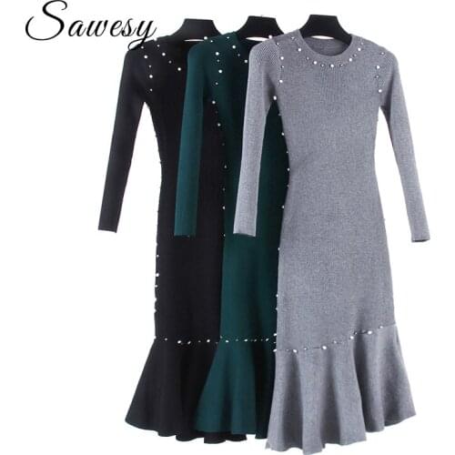 Pearl Ruffle Midi Dresses Women New Arrival 2019 Autumn Winter Long Sleeve Dress Ladies Fashion Casual Mermaid Dress Black Gray