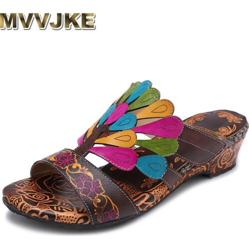 MVVJKE 2020 New Summer Genuine Leather Hand Painted Outdoors Slippers Flower Wedges Sewing Sandals Women Slides