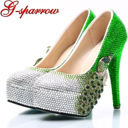 Plus Size Bride Wedding Shoes Green Rhinestone with Silver Color Wedding Party Shoes Phoenix Handmade Ceremony Pumps