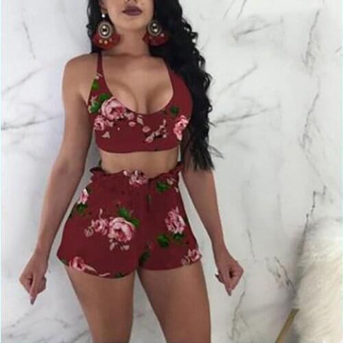 Ladies Two Piece Casual Wear Floral Print V Neck Crop Top Elastic Waist Short Suit Straight Shorts Sexy Woman 2 Piece Suit