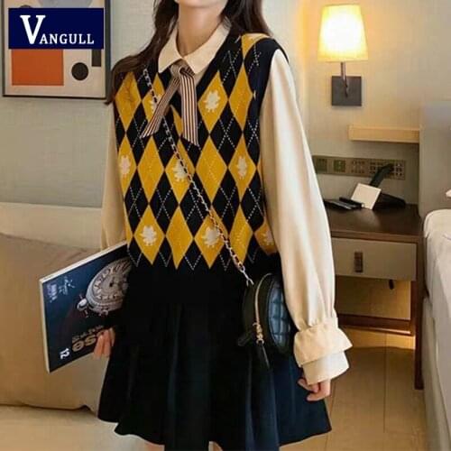 Vangull Argyle Plaid Women Sweater Vest V-Neck Vintage Knitted Pullover Vest New Soft Korean style Loose Sleeveless tank Tops